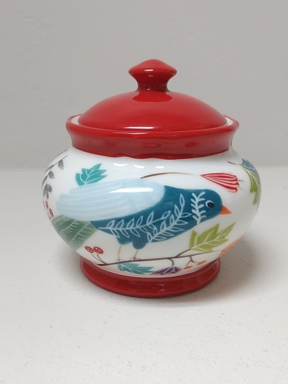 Floral, Tulips, Blue Bird, Ceramic Decorative Jar, Bowl With Red Lid Sugar Fish